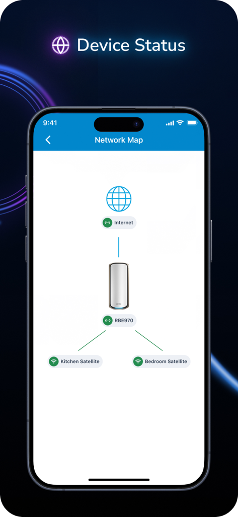 A smartphone displaying the Orbi app network map showing the internet connection linked to an Orbi router and its satellites.
