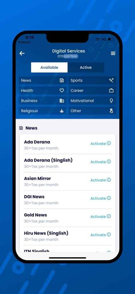 Mobitel Selfcare app digital services menu showing available news and sports subscriptions