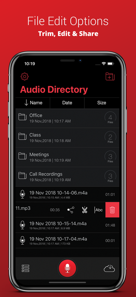 Voice Recorder Plus Pro audio directory screen showing folders for organization and file editing tools for trimming and sharing.