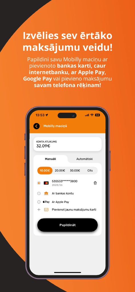Mobilly - Mobilly app wallet interface showing balance and multiple payment options like bank card and Apple Pay