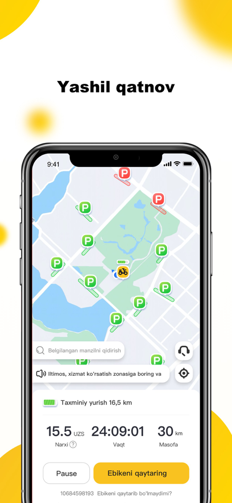 Thunder-Go - Thunder-Go mobile app interface showing a map with e-bike parking locations and active ride statistics on a smartphone