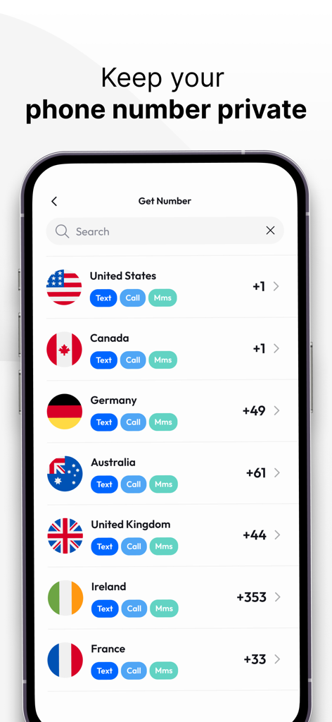 Interfaccia che mostra un elenco di numeri di telefono virtuali internazionali da vari paesi per la privacy.