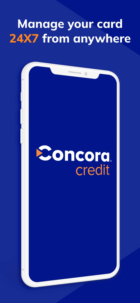 Concora Credit - Écran de démarrage de l'application mobile Concora Credit affichant le slogan gérez votre carte 24h/24 et 7j/7 où que vous soyez