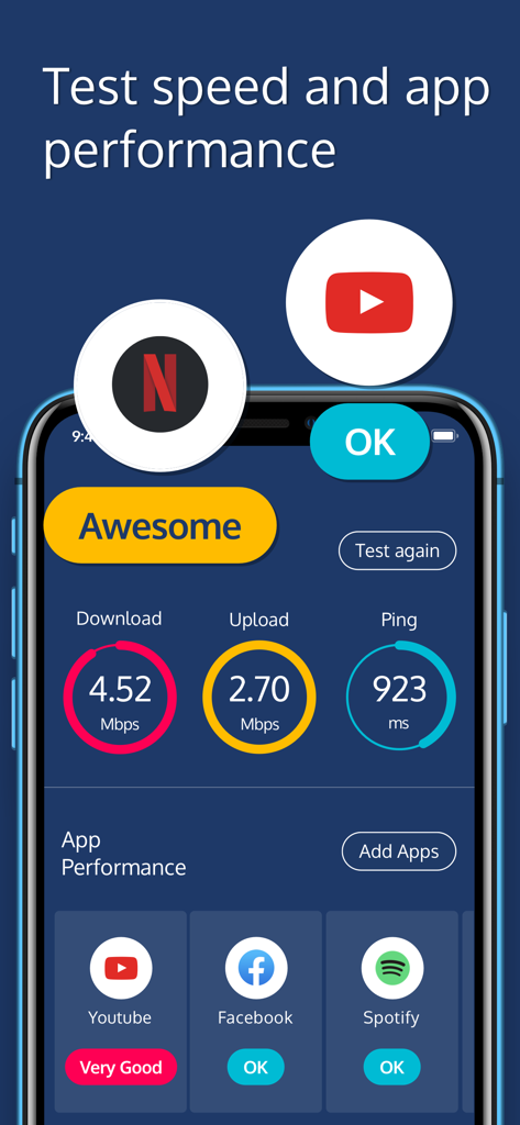 Meteor Speed Test - Ad Free - Aplicación Meteor Speed Test que muestra los resultados de velocidad de Internet y las calificaciones de rendimiento para YouTube, Facebook y Spotify