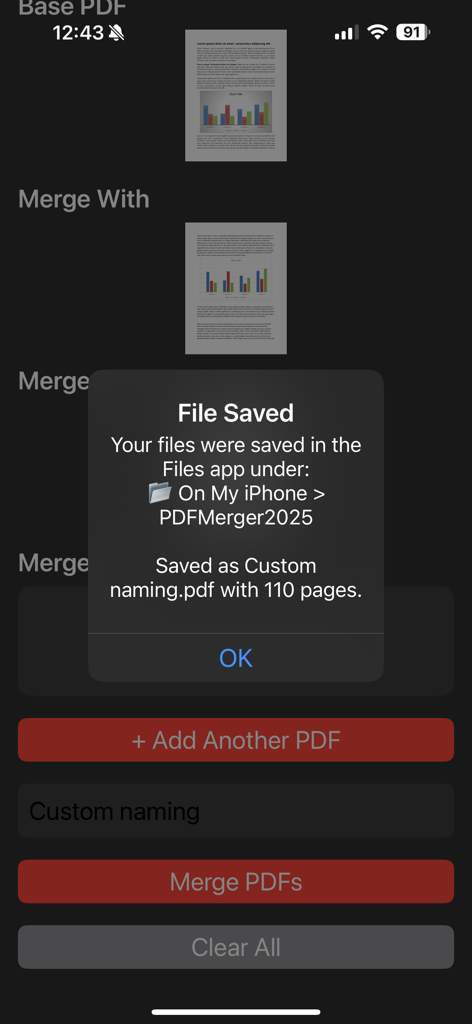 PDF Merger 2025 - PDF Merger 2025 app showing a success pop up after merging documents on iPhone