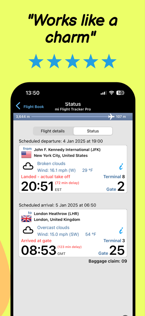 Flight Tracker app status screen showing flight delays and gate information.