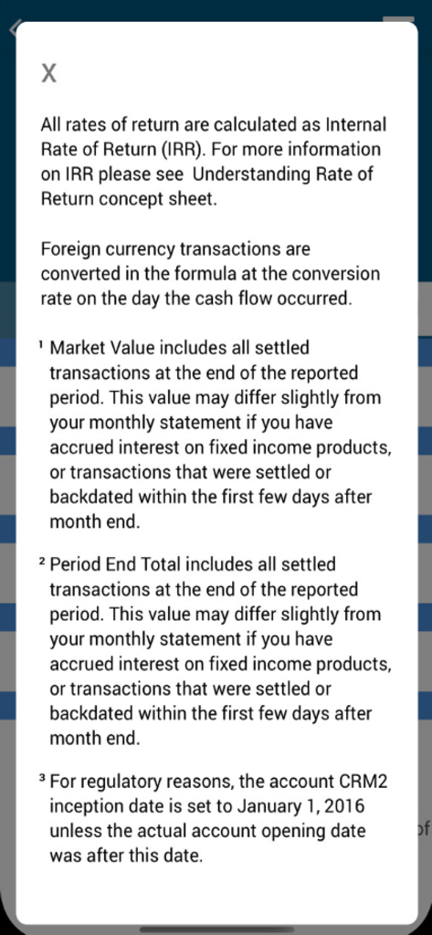 Screenshot of the Aviso app showing financial disclosure text regarding rate of return calculations and market value definitions.