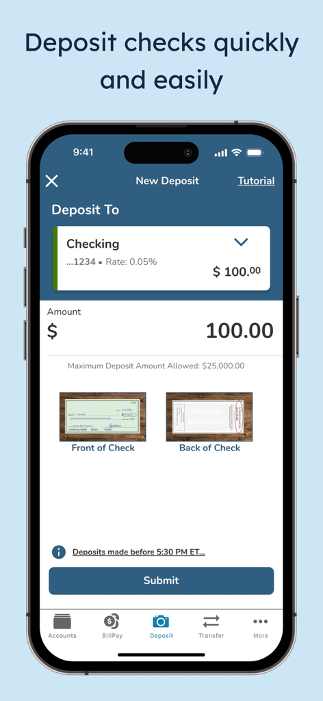 SECU - The SECU mobile app interface for depositing checks showing checking account selection and check capture areas.