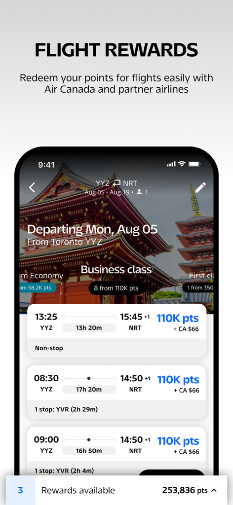 Air Canada + Aeroplan - Aeroplanポイントを使用してトロントから東京へのフライトの、フライトリワード交換オプションを示すAir Canadaアプリのインターフェース。