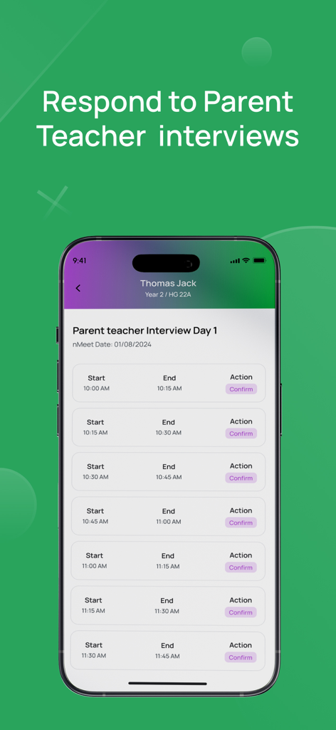 nForma For Parents - A mobile interface for parents to schedule and confirm parent-teacher interview time slots in the nForma app.