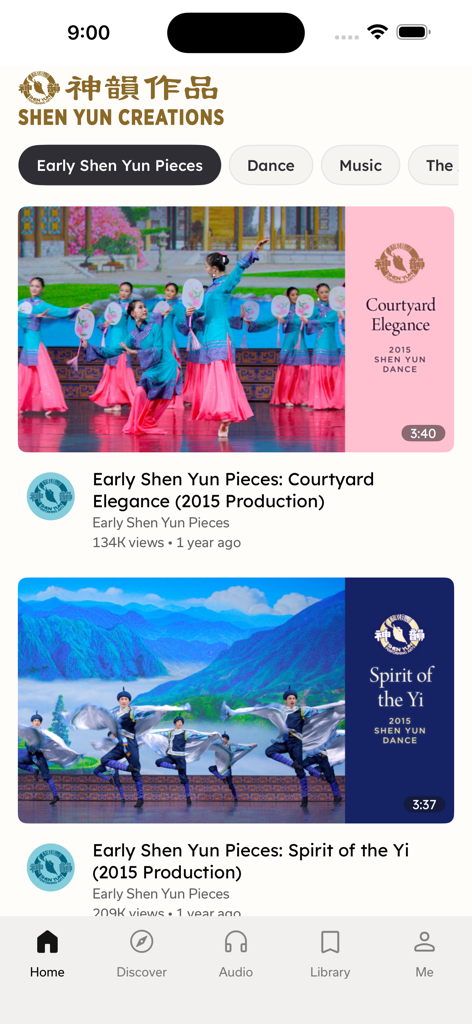 Écran d'accueil de l'application Shen Yun Creations présentant des vidéos de spectacles de danse classique chinoise