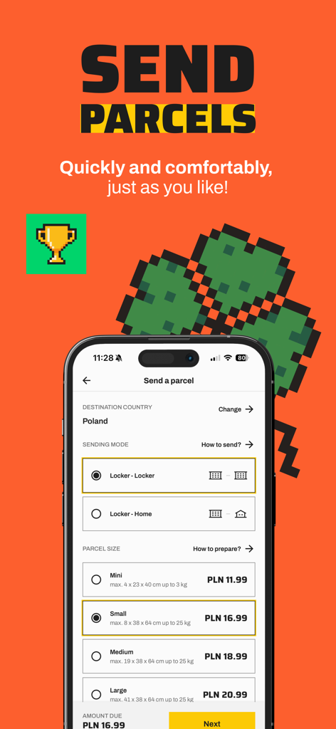 InPost Mobile - InPost Mobile app interface for sending a parcel showing locker delivery options and sizes