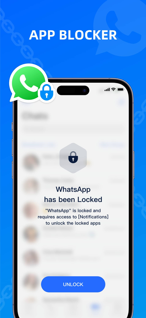 Um smartphone mostrando uma notificação de que o WhatsApp foi bloqueado do aplicativo App Blocker