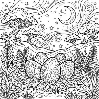Embark on a prehistoric adventure with this captivating coloring page featuring dinosaur eggs nestled under a mystical night sky. Explore a scene filled with ancient wonders, from intricate egg patterns to a starry, moonlit landscape, perfect for sparking imagination.