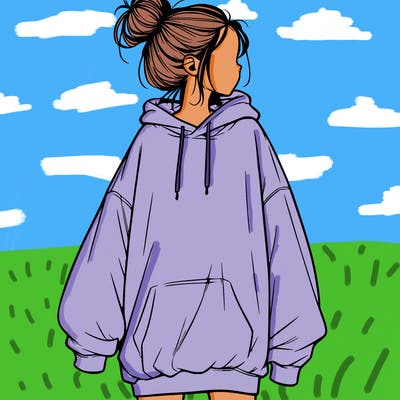 realistic girl with a oversized sweatshirt on and a bun