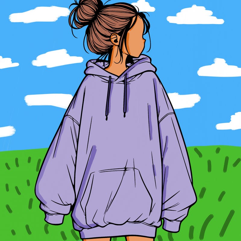 realistic girl with a oversized sweatshirt on and a bun