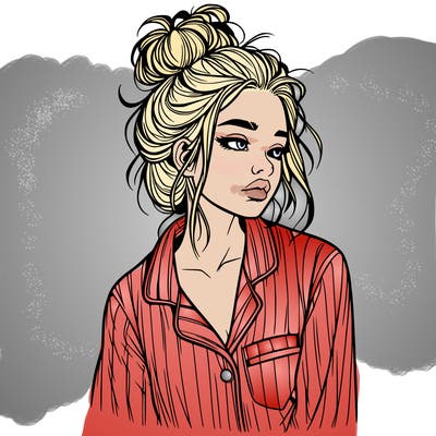 realistic woman with pajamas on and a messy bun
