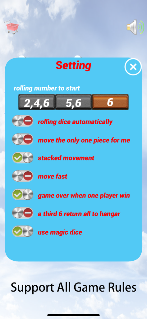 Ludo -  Parcheesi Game - Settings menu of the Ludo game showing customizable rules and gameplay options