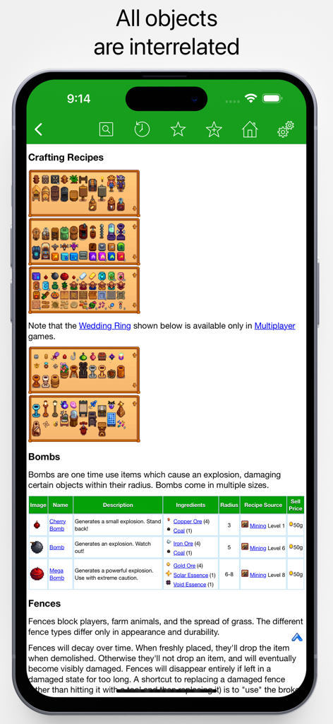 Database for Stardew Valley - A mobile interface from the Stardew Valley database app showing crafting recipes and a detailed table for bombs
