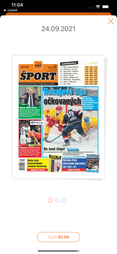 Front page of the digital edition of the Slovak sports newspaper Dennik Sport