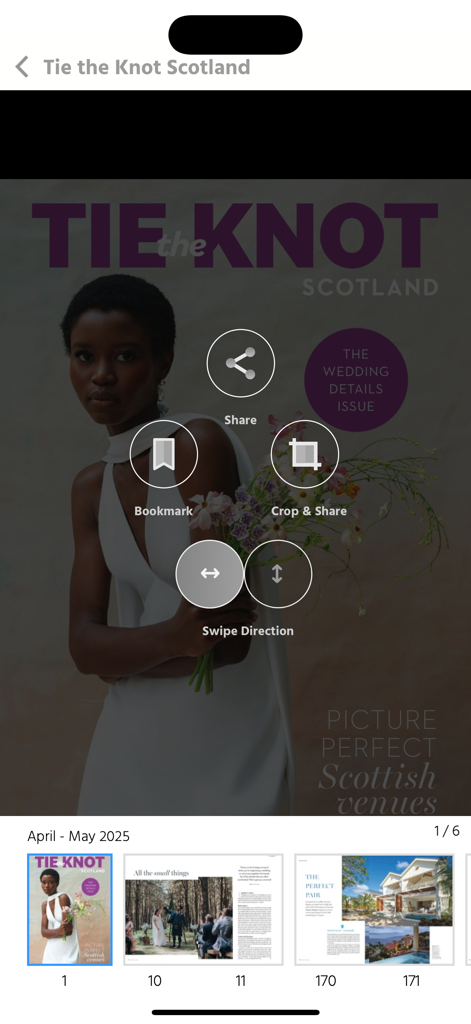 Tie the Knot Scotland - Digital magazine interface of Tie the Knot Scotland showing a bridal cover with interactive icons for sharing and bookmarking
