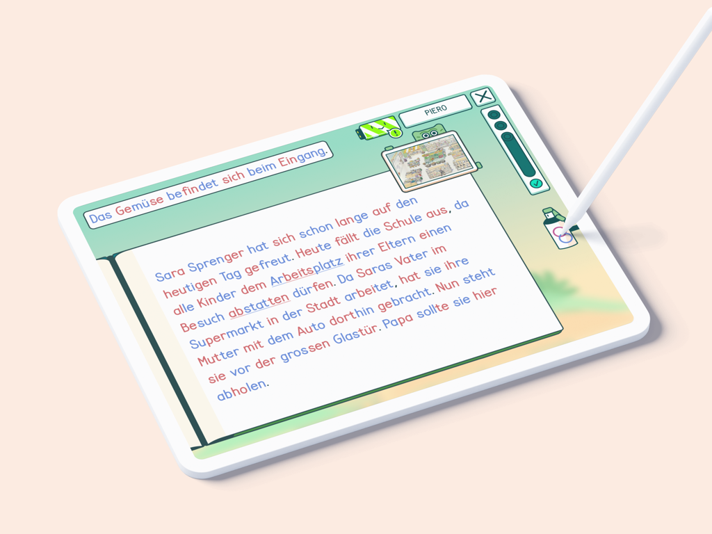 An iPad screen displaying a German reading and writing exercise from the appolino app with a stylus
