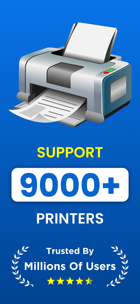 Printer:  Wireless App Prints. - Wireless printer app screen showing support for over 9000 printers with high user ratings and trust indicators
