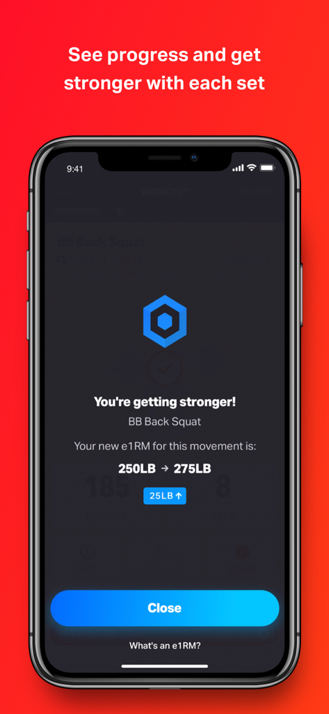 Interface de l'application d'entraînement Volt montrant la progression de force pour les squats arrière à la barre