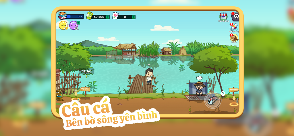 Trở Về Tuổi Thơ - Um personagem a pescar numa margem de rio pacífica no jogo de simulação de vida retrô Return to Childhood