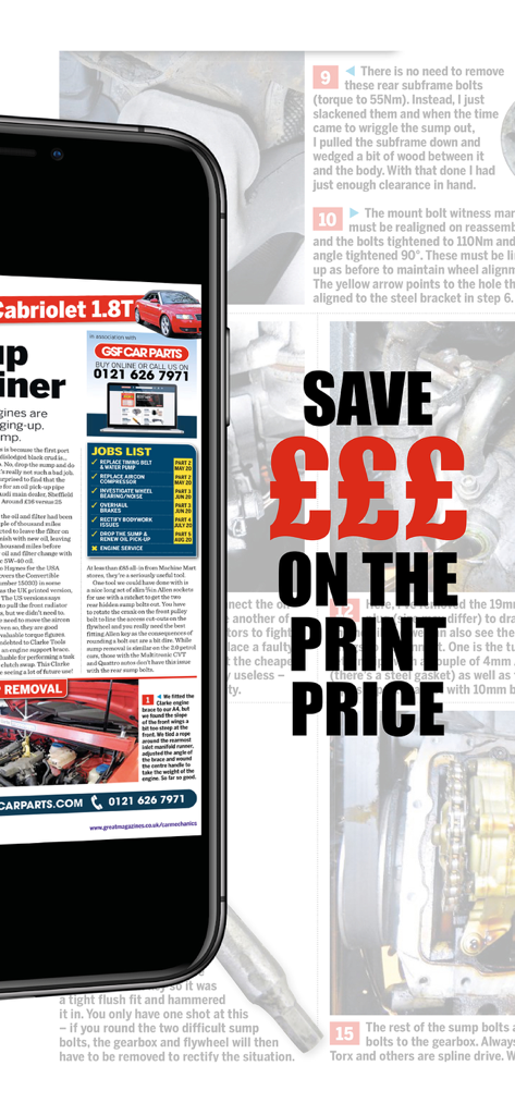 Smartphone displaying a digital issue of Car Mechanics Magazine with text saying save on the print price.
