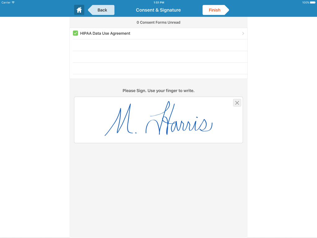 Digital signature screen for HIPAA consent in the DrChrono Patient Check-In app