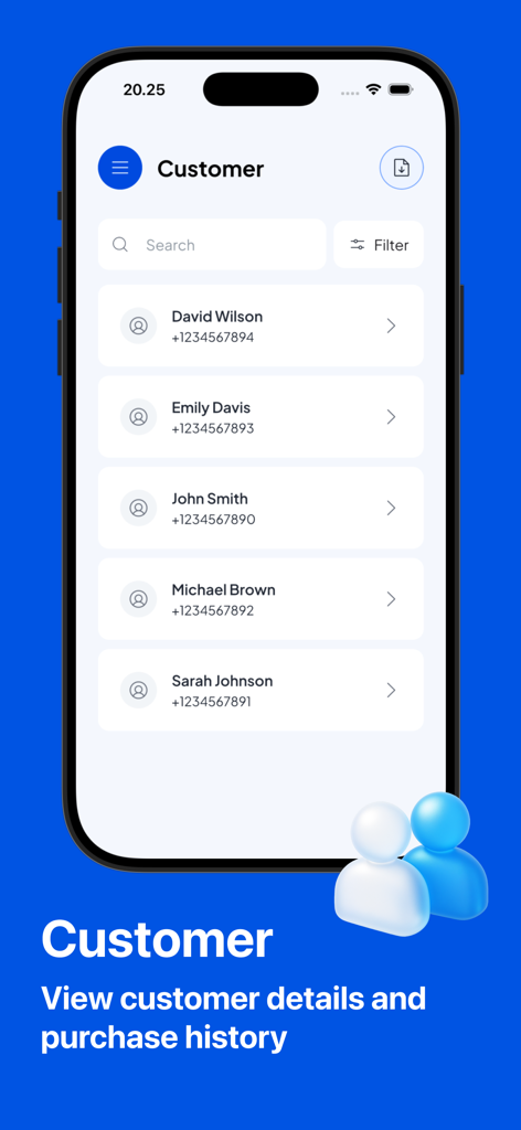 Salesmaster app interface showing a list of customer names and phone numbers