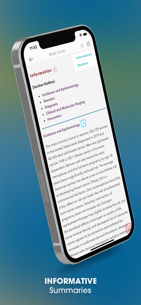 A smartphone displaying a medical summary for breast cancer in the Harrisons Manual of Medicine app.
