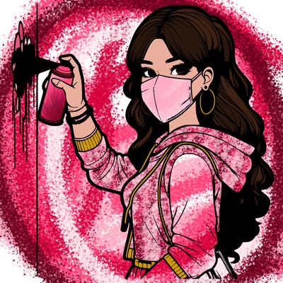 realistic girl with mask spray painting a wall