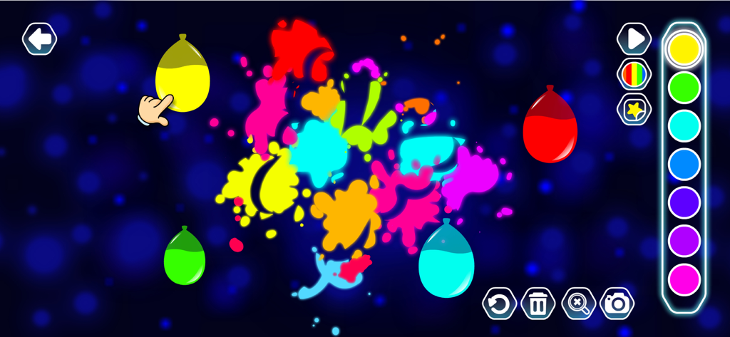Kids doodle app interface featuring neon glow paint splatters and colorful balloons