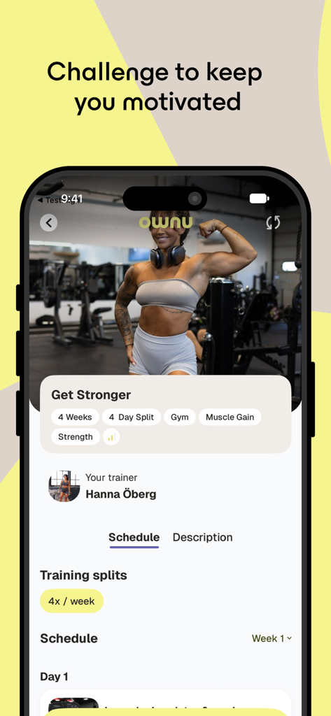 OWNU fitness app interface showing a strength training guide by trainer Hanna Oberg
