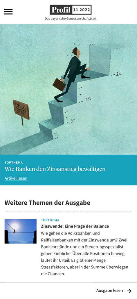 Artikel über Banken und Zinssätze in der Profil GVB Magazin App.