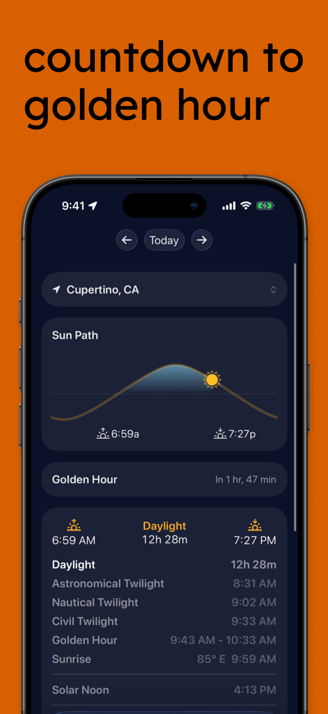 Daylight Goals Sunlight Timer - Daylight Goals app interface displaying sun path chart and golden hour countdown