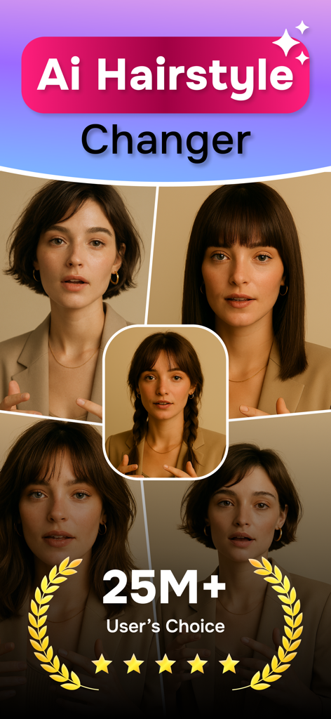 HairFlip AI hairstyle changer app interface showing multiple hairstyle variations on a woman's face with a 25 million user choice badge.