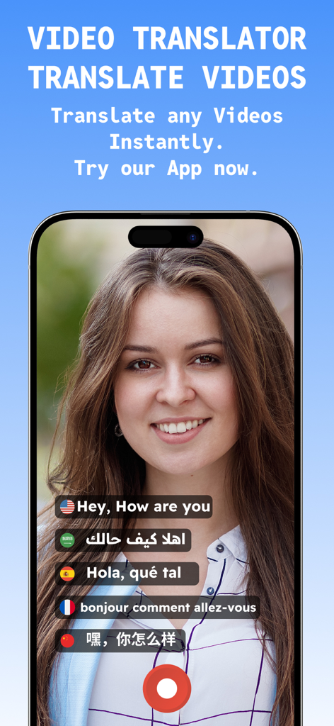 Video Translator with subtitle - Interfaccia di un'app mobile che mostra la traduzione video istantanea con sottotitoli in più lingue su uno schermo di smartphone.