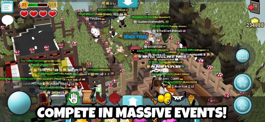 Cubic Castles - Sandbox MMO - Una gran multitud de avatares de jugadores reunidos en un mundo sandbox 3D temático de bosque para un evento en el juego