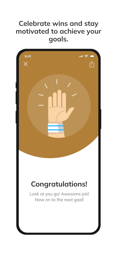 Cancer Freedom - Cancer Freedom app goal celebration screen with a high five icon and congratulations message.