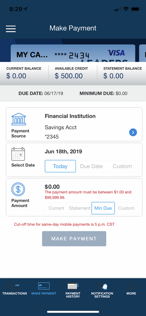 Leaders Card Controls - Make payment screen in the Leaders Card Controls app showing balance and payment options