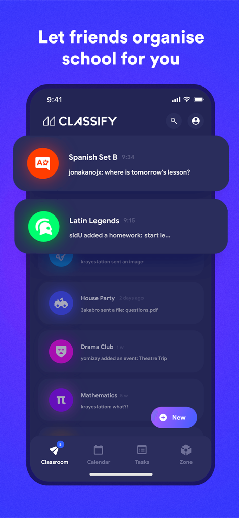 Classify — School Planner - The Classify school planner app displaying the Classroom feature for social student organization and shared group chats.