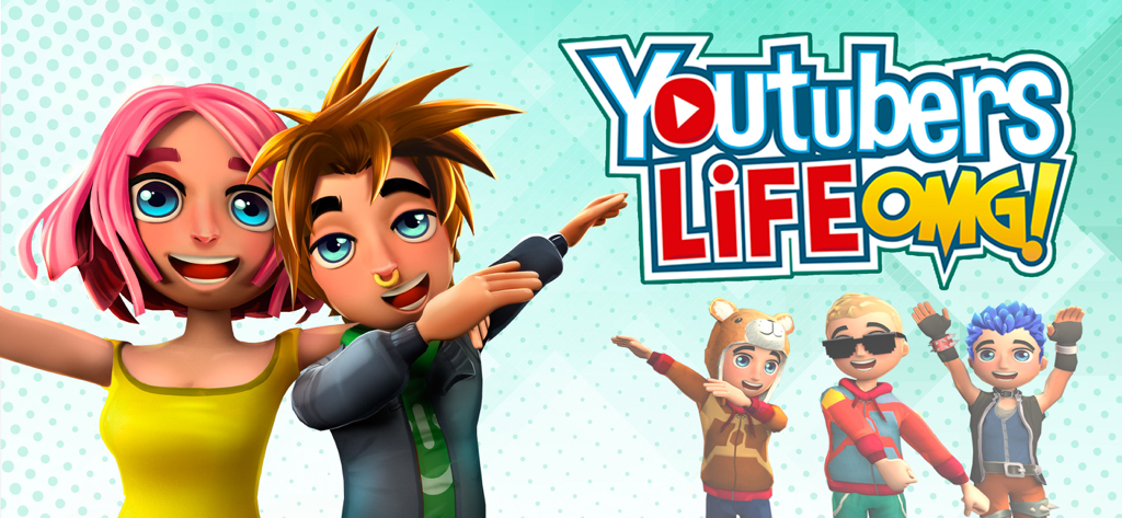 Grupo de personajes animados posando junto al logo de Youtubers Life OMG