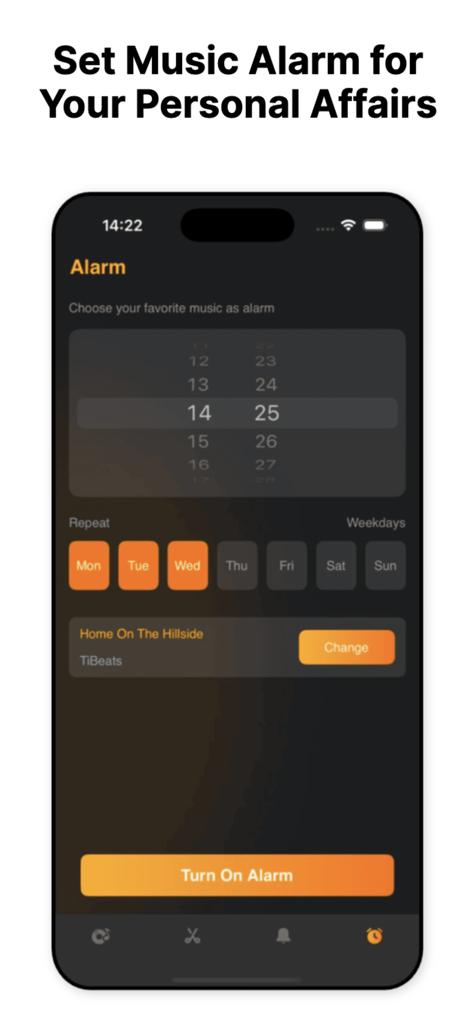 TiBeats: Music Player Offline - Una interfaz móvil para configurar un despertador musical en la aplicación TiBeats con selección de hora y opciones de canciones personalizadas.