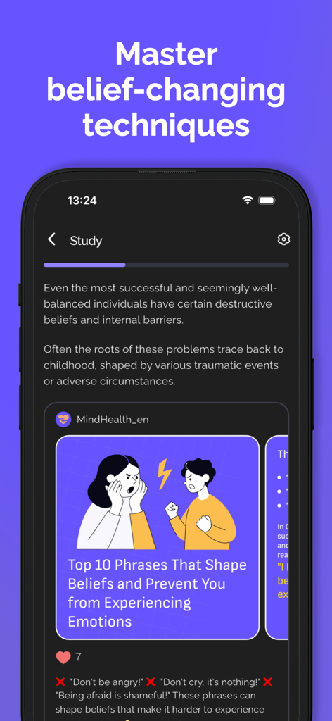 MindHealth: Mental Health CBT - MindHealth app screen displaying a lesson on CBT techniques to identify and change destructive beliefs.