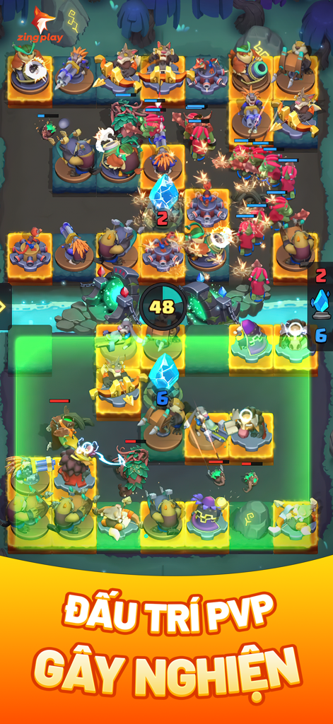 ZingPlay game giải trí-Cá béo - Una partida competitiva de defensa de torres PvP en la aplicación móvil ZingPlay con coloridas torres de animales y cristales mágicos.