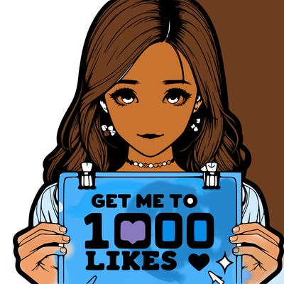 deatailed and realistic girl holding up a poster that says get me to 100 likes 👍🏻