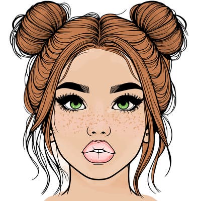 realistic girl with two buns on her hair and lips